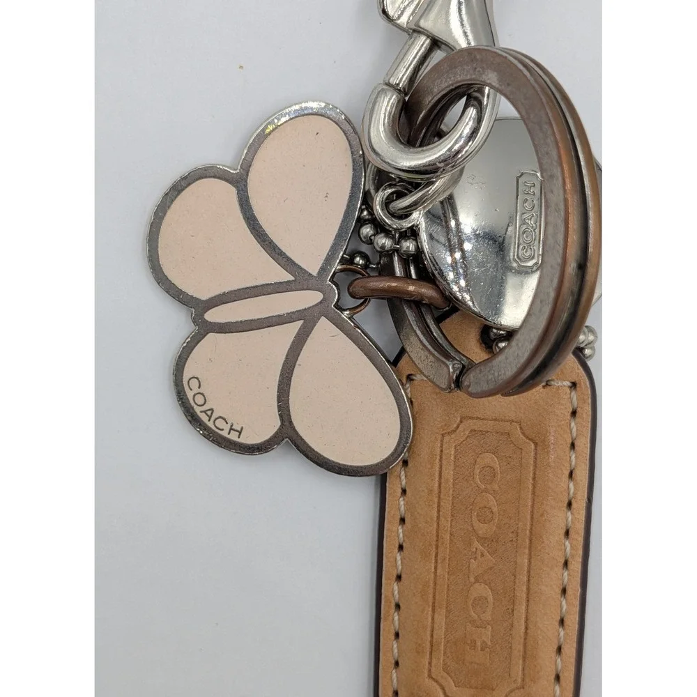 Coach Keychain Bag Charm Pink Butterfly Tan Silver Leather Hangtag Logo Vintage